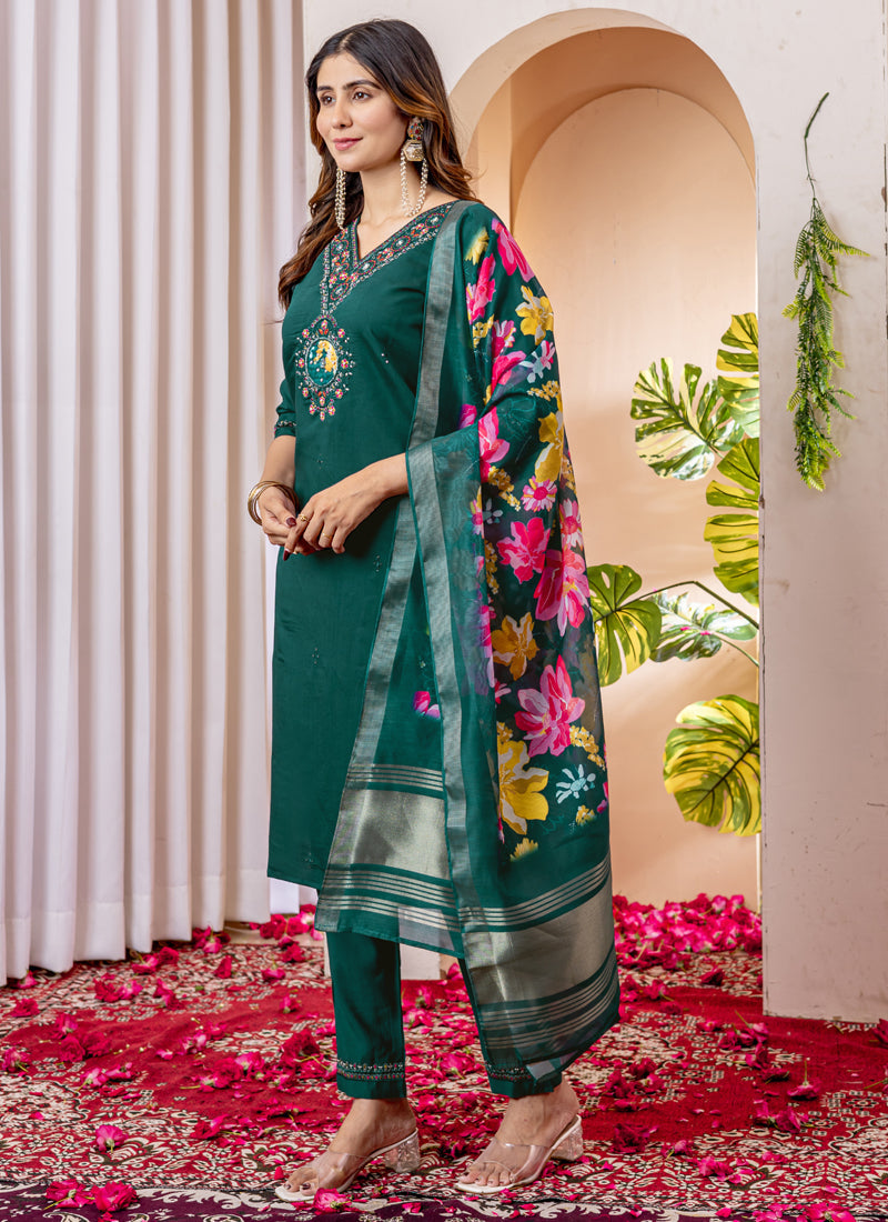 Prazu Fashion Green Viscose Silk Thread Embroidered Designer Kurta Set | Grocsy