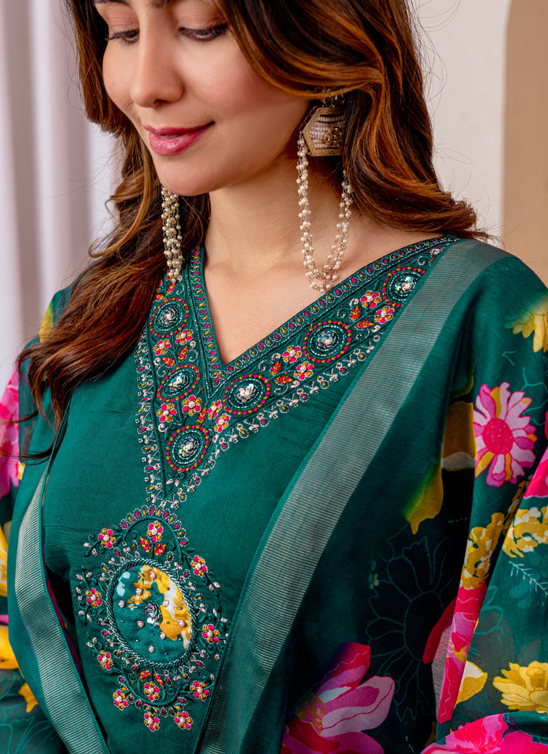 Prazu Fashion Green Viscose Silk Thread Embroidered Designer Kurta Set | Grocsy