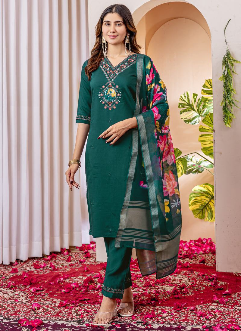 Prazu Fashion Green Viscose Silk Thread Embroidered Designer Kurta Set | Grocsy