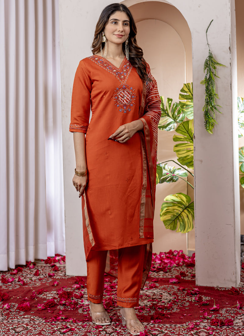 Prazu Fashion Orange Viscose Silk Thread Embroidered Designer Kurta Set | Grocsy