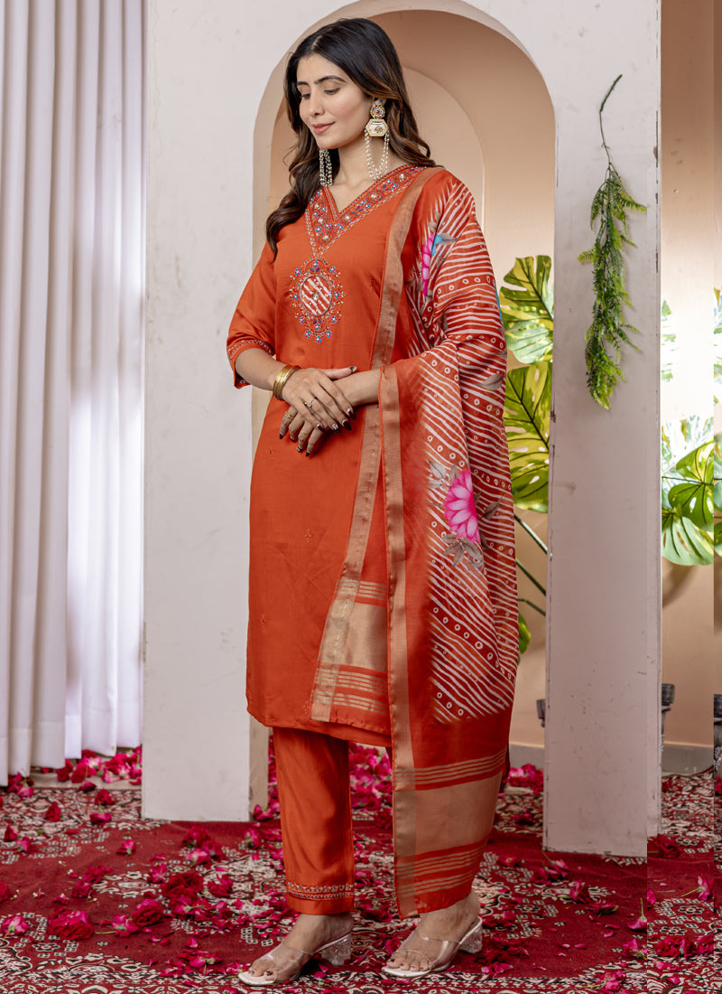 Prazu Fashion Orange Viscose Silk Thread Embroidered Designer Kurta Set | Grocsy