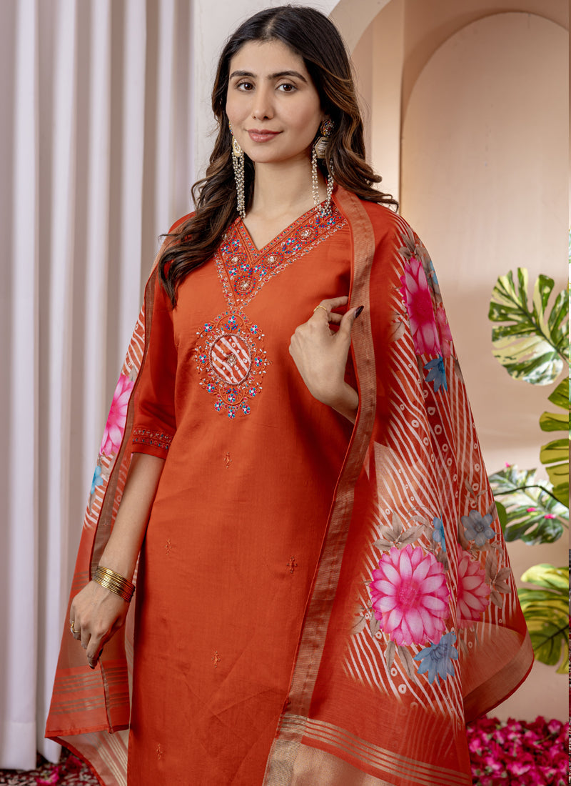 Prazu Fashion Orange Viscose Silk Thread Embroidered Designer Kurta Set | Grocsy