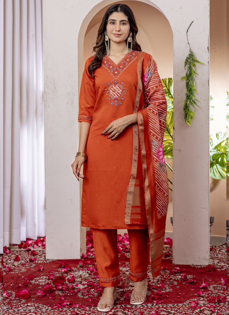 Prazu Fashion Orange Viscose Silk Thread Embroidered Designer Kurta Set | Grocsy