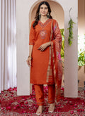 Prazu Fashion Orange Viscose Silk Thread Embroidered Designer Kurta Set | Grocsy