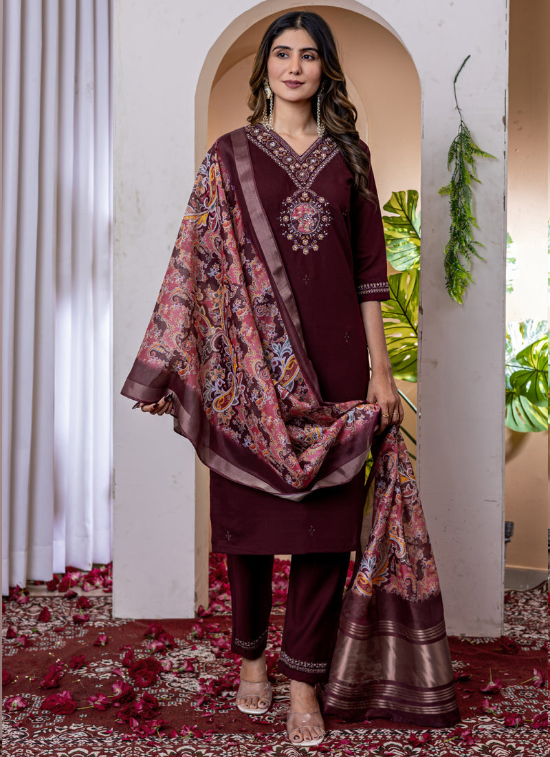 Prazu Fashion Wine Viscose Silk Thread Embroidered Designer Kurta Set | Grocsy