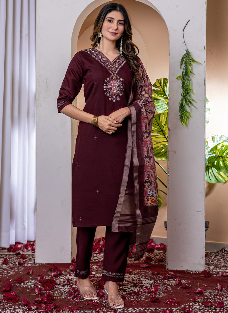 Prazu Fashion Wine Viscose Silk Thread Embroidered Designer Kurta Set | Grocsy