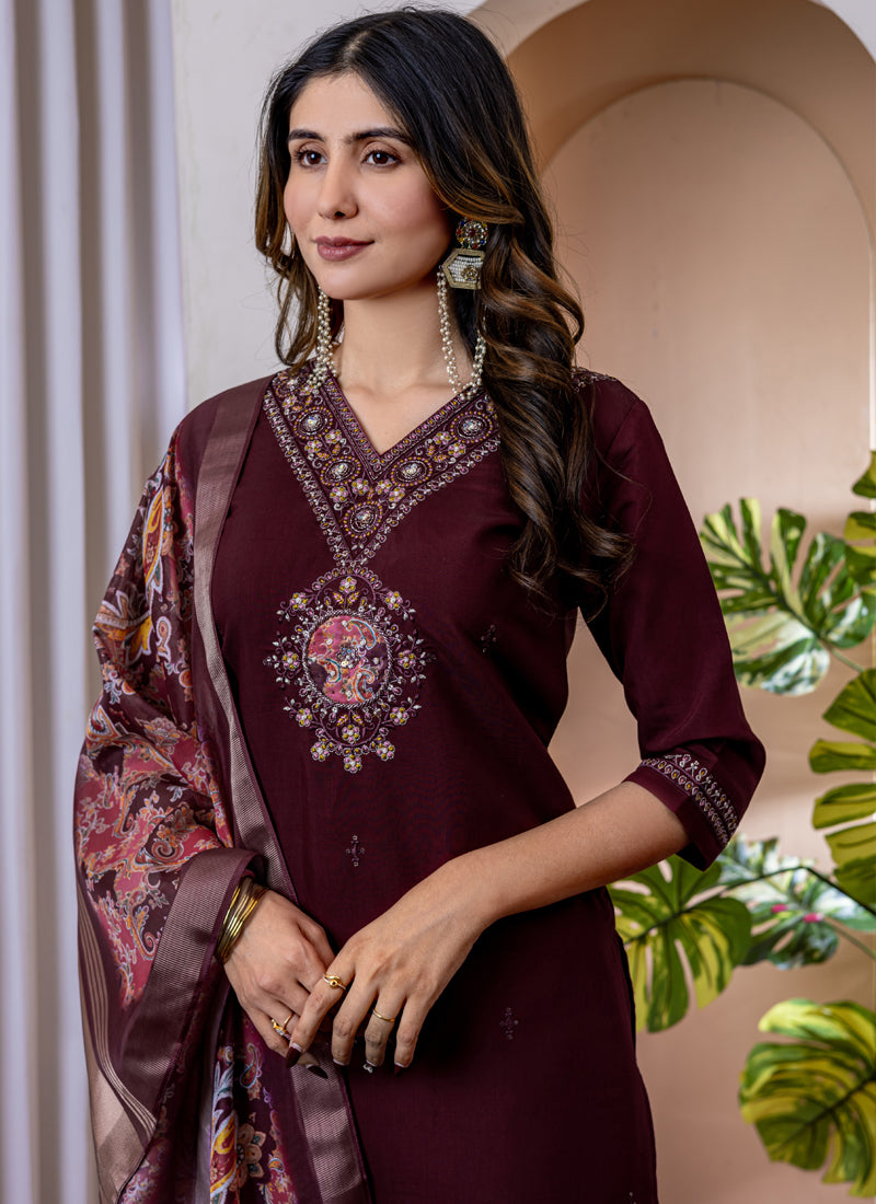 Prazu Fashion Wine Viscose Silk Thread Embroidered Designer Kurta Set | Grocsy