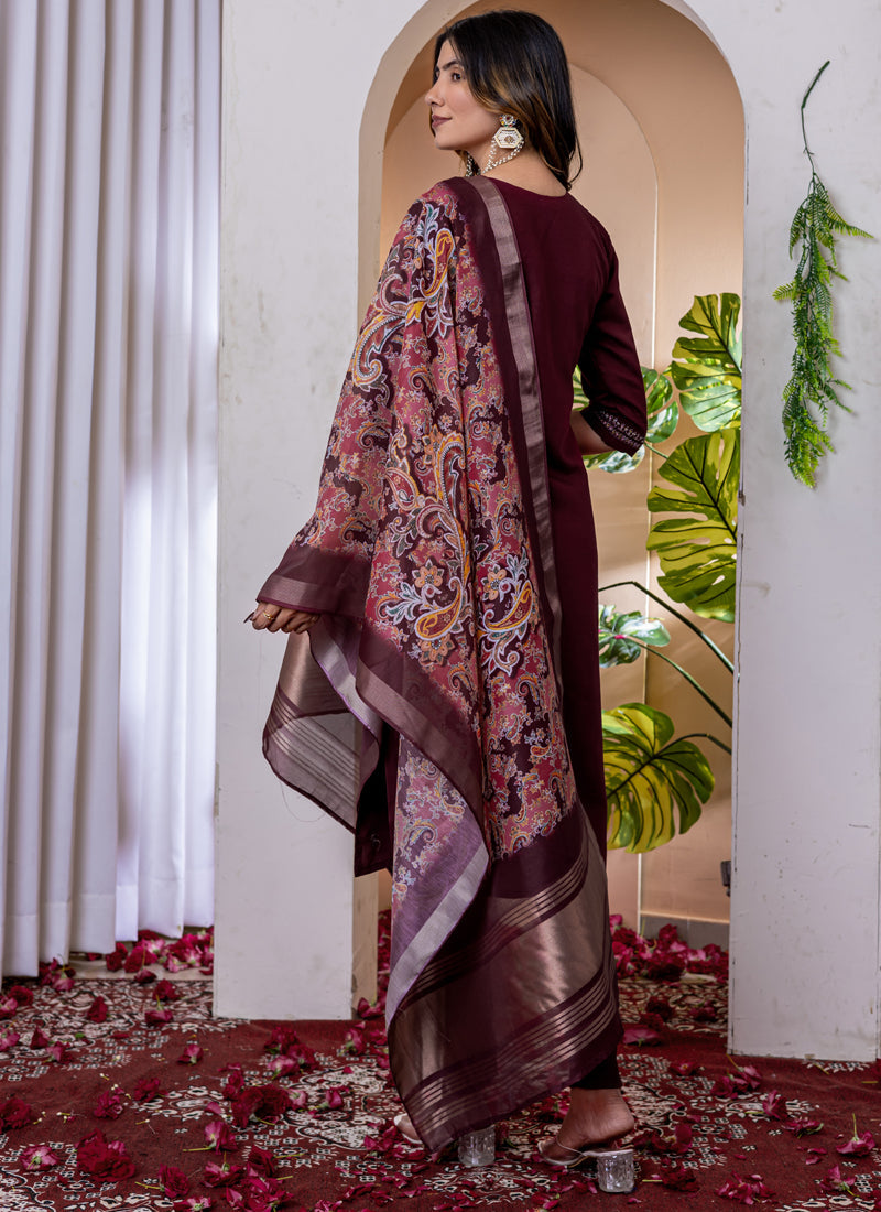 Prazu Fashion Wine Viscose Silk Thread Embroidered Designer Kurta Set | Grocsy