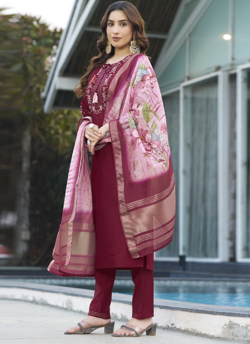 Prazu Fashion Maroon Viscose Silk Thread Embroidered Designer Kurta Set | Grocsy