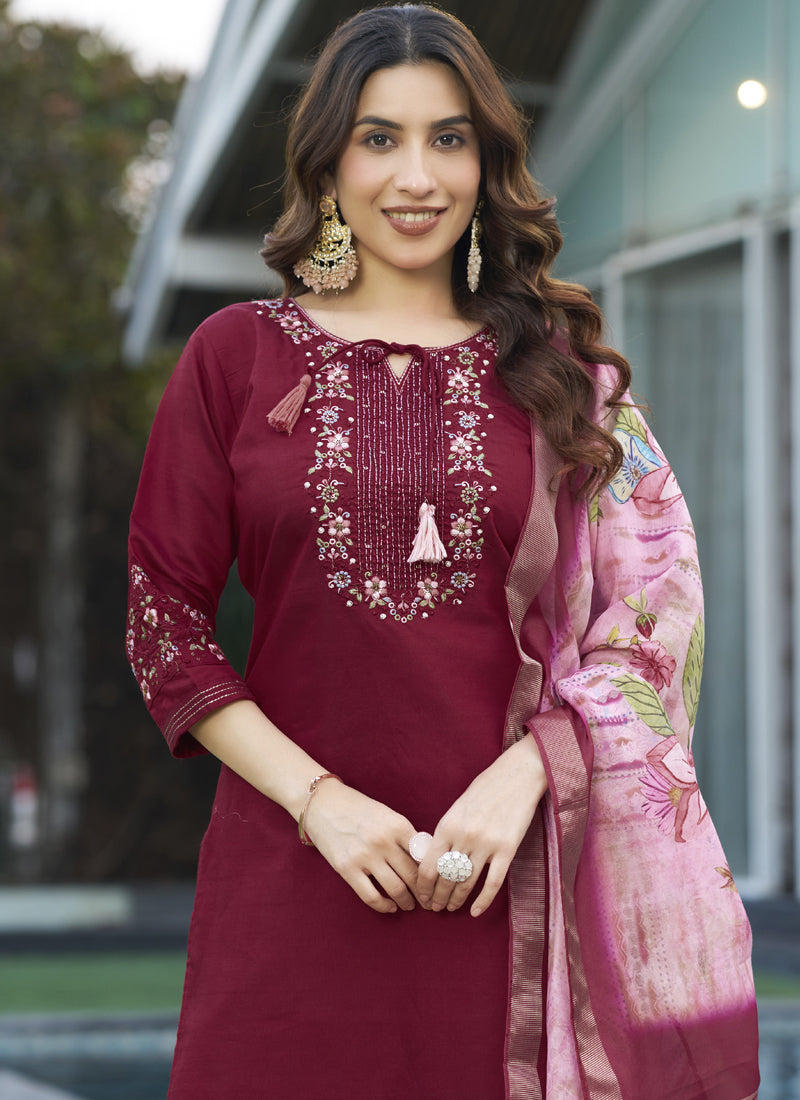 Prazu Fashion Maroon Viscose Silk Thread Embroidered Designer Kurta Set | Grocsy
