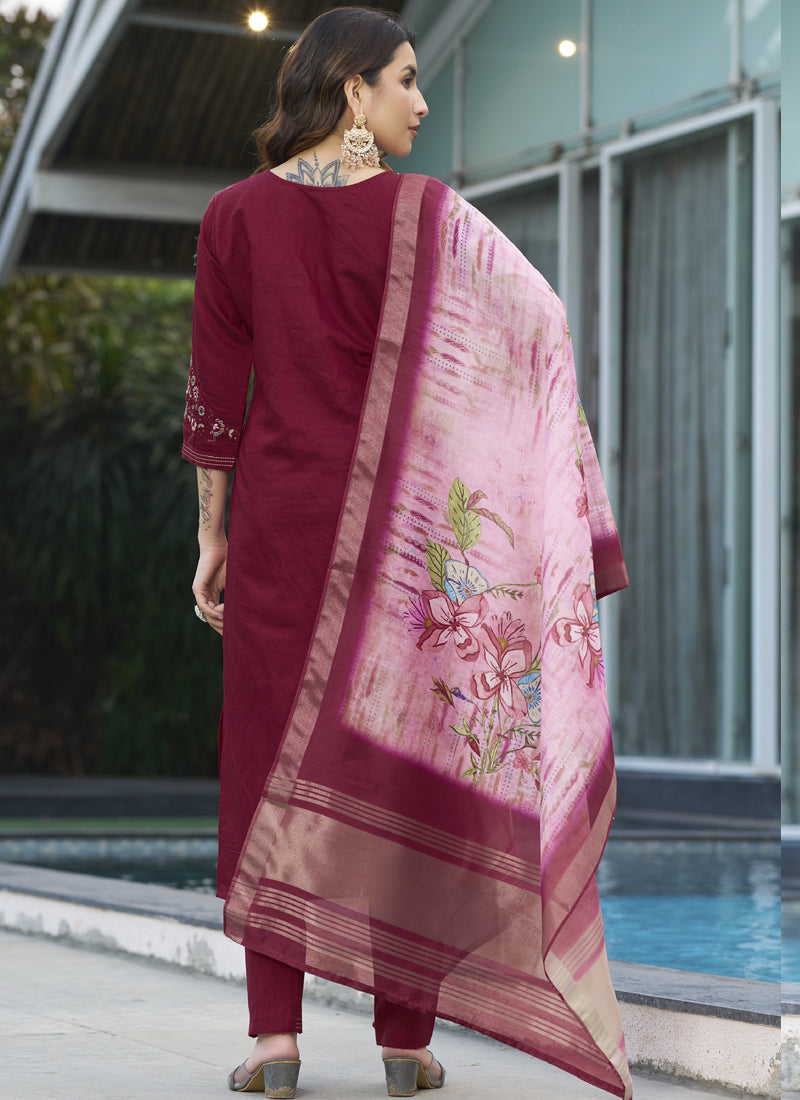 Prazu Fashion Maroon Viscose Silk Thread Embroidered Designer Kurta Set | Grocsy