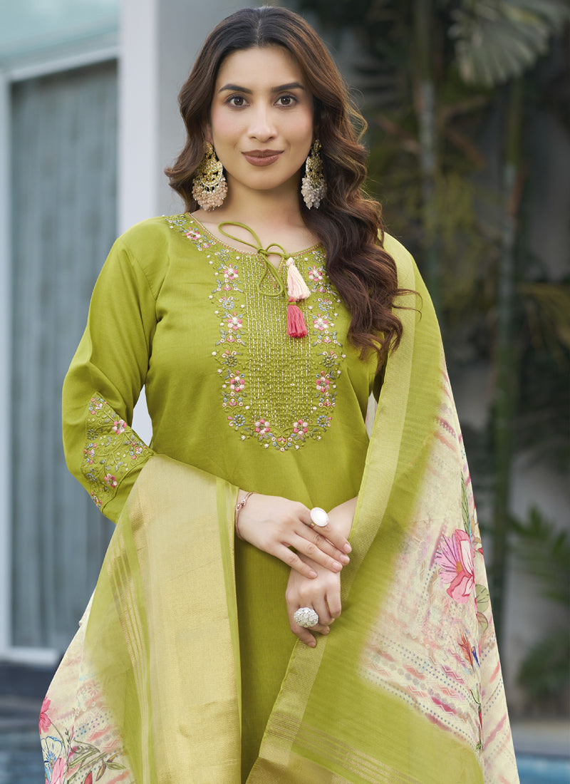 Prazu Fashion Parrot Green Viscose Silk Thread Embroidered Designer Kurta Set | Grocsy