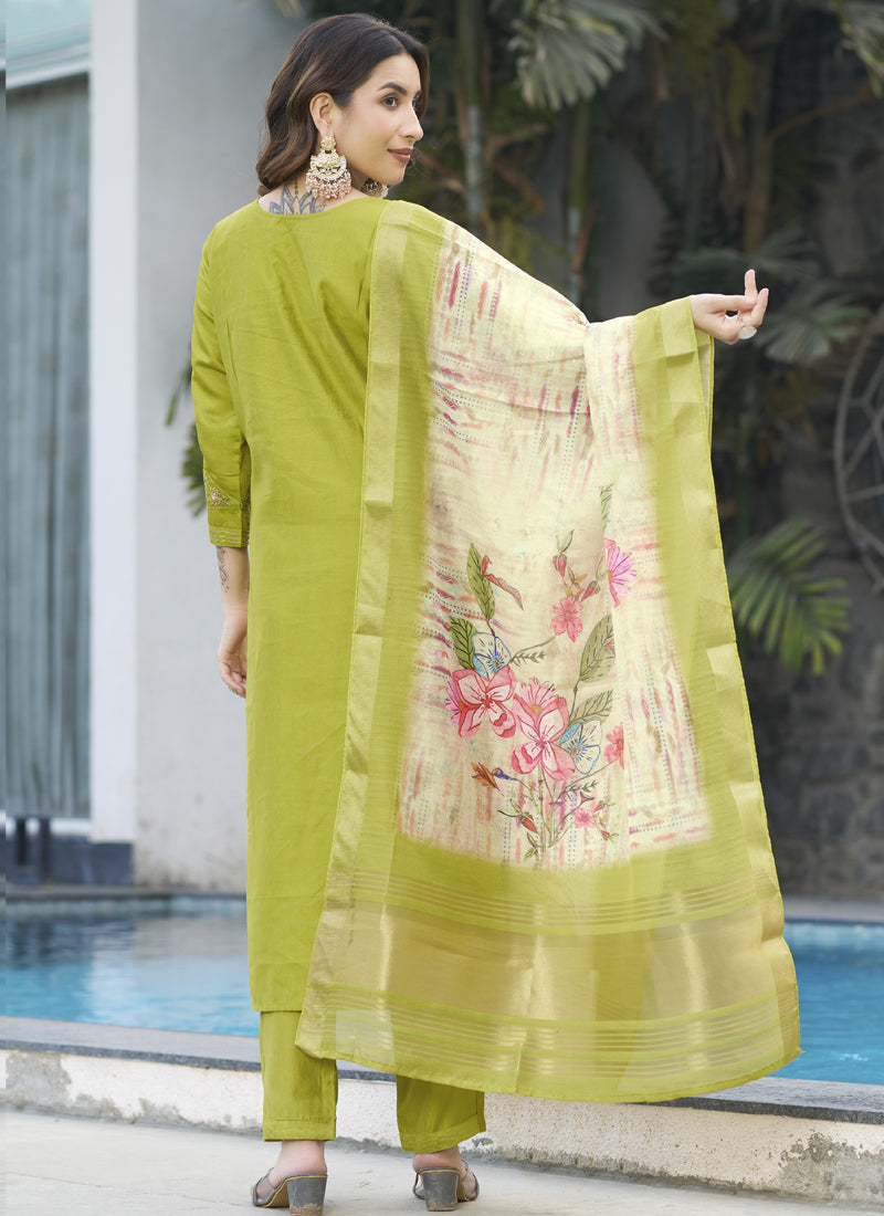 Prazu Fashion Parrot Green Viscose Silk Thread Embroidered Designer Kurta Set | Grocsy
