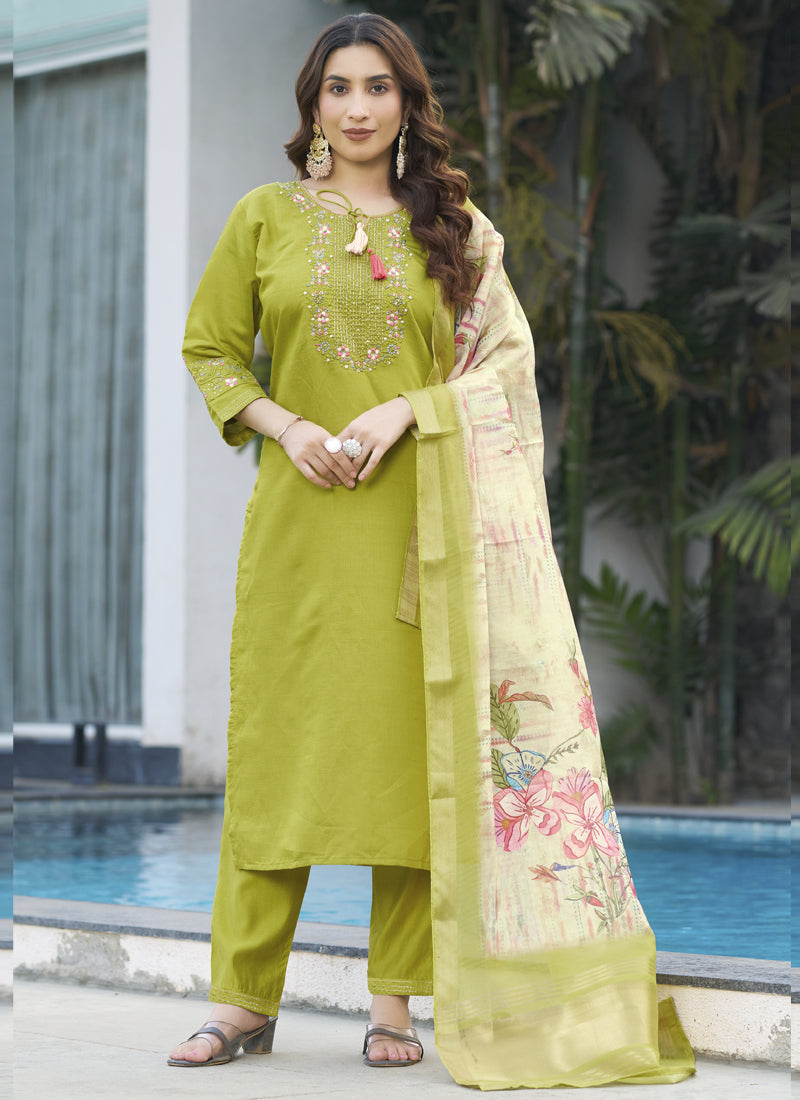 Prazu Fashion Parrot Green Viscose Silk Thread Embroidered Designer Kurta Set | Grocsy
