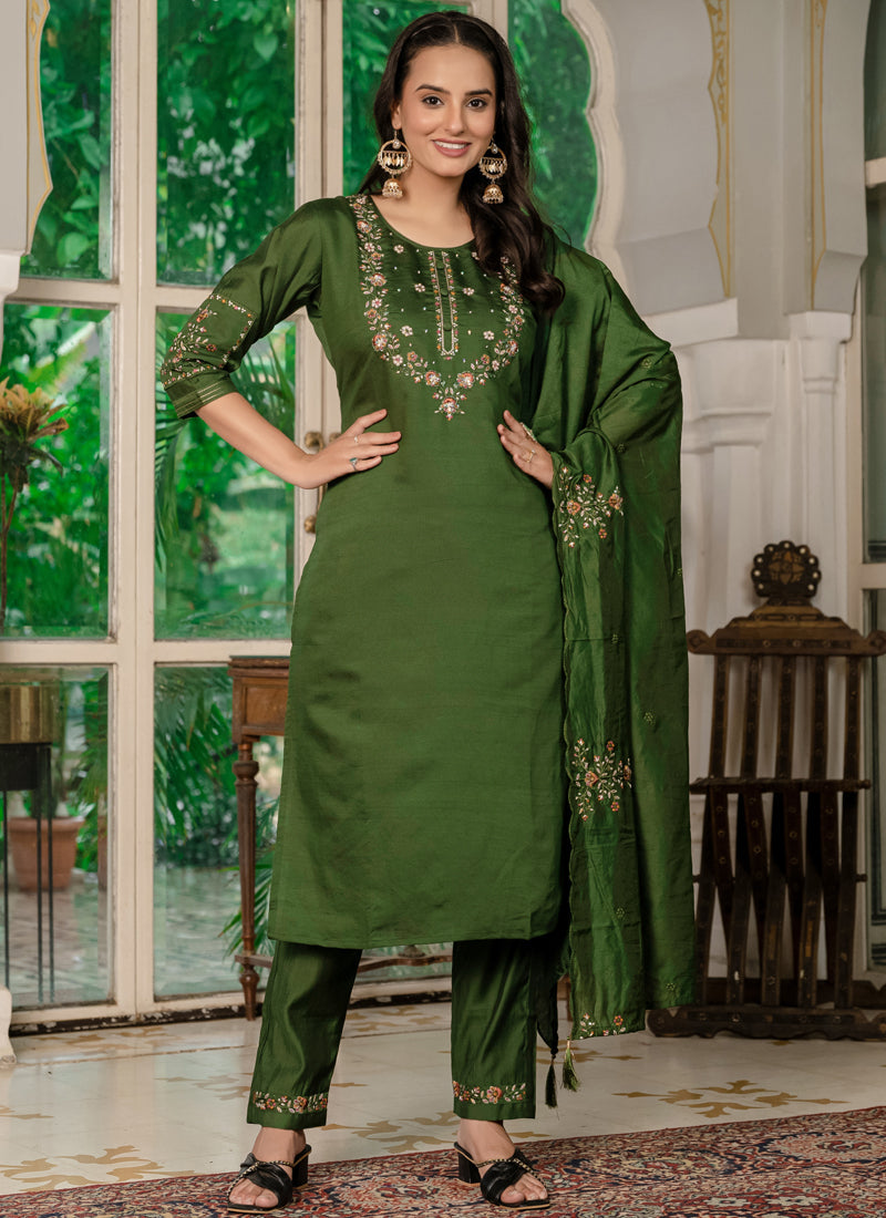 Prazu Fashion Mehendi Marina Silk Thread Embroidered Designer Kurta Set | Grocsy