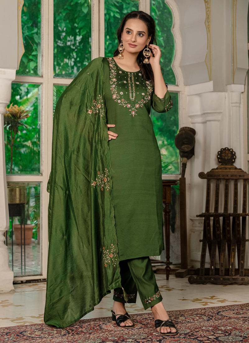Prazu Fashion Mehendi Marina Silk Thread Embroidered Designer Kurta Set | Grocsy