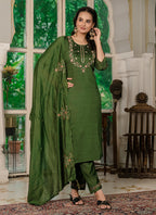Prazu Fashion Mehendi Marina Silk Thread Embroidered Designer Kurta Set | Grocsy