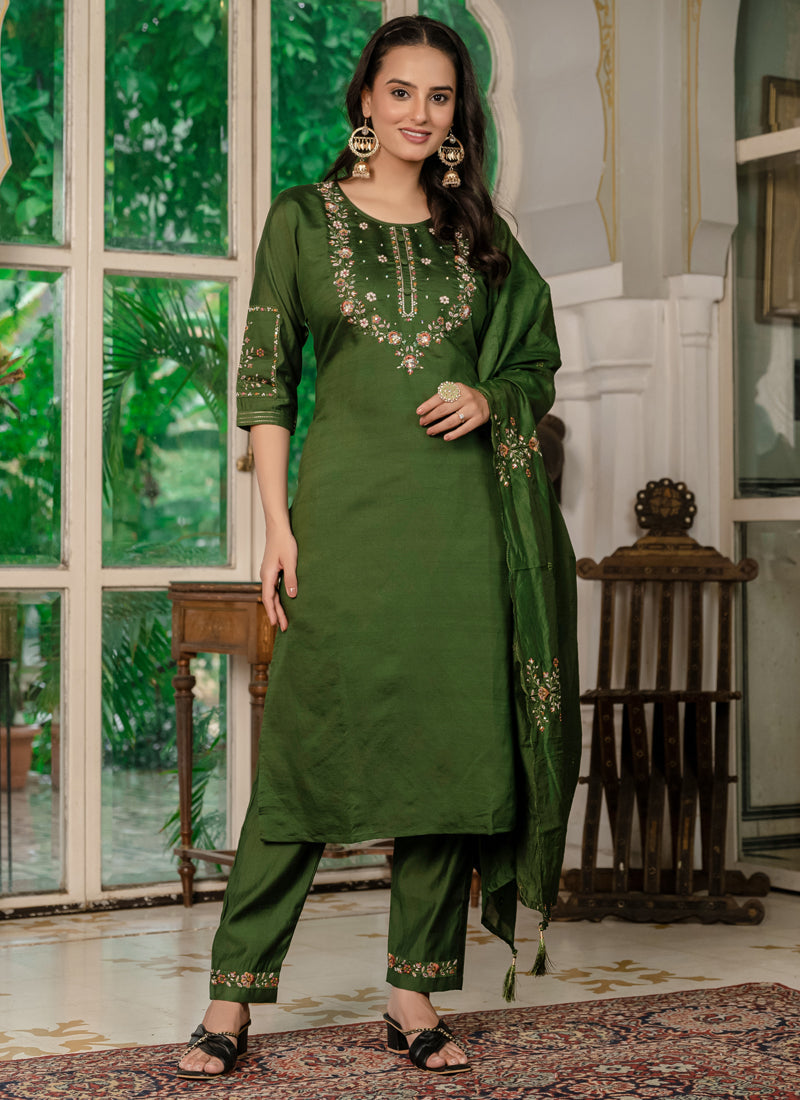 Prazu Fashion Mehendi Marina Silk Thread Embroidered Designer Kurta Set | Grocsy