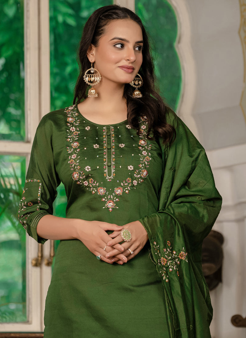 Prazu Fashion Mehendi Marina Silk Thread Embroidered Designer Kurta Set | Grocsy