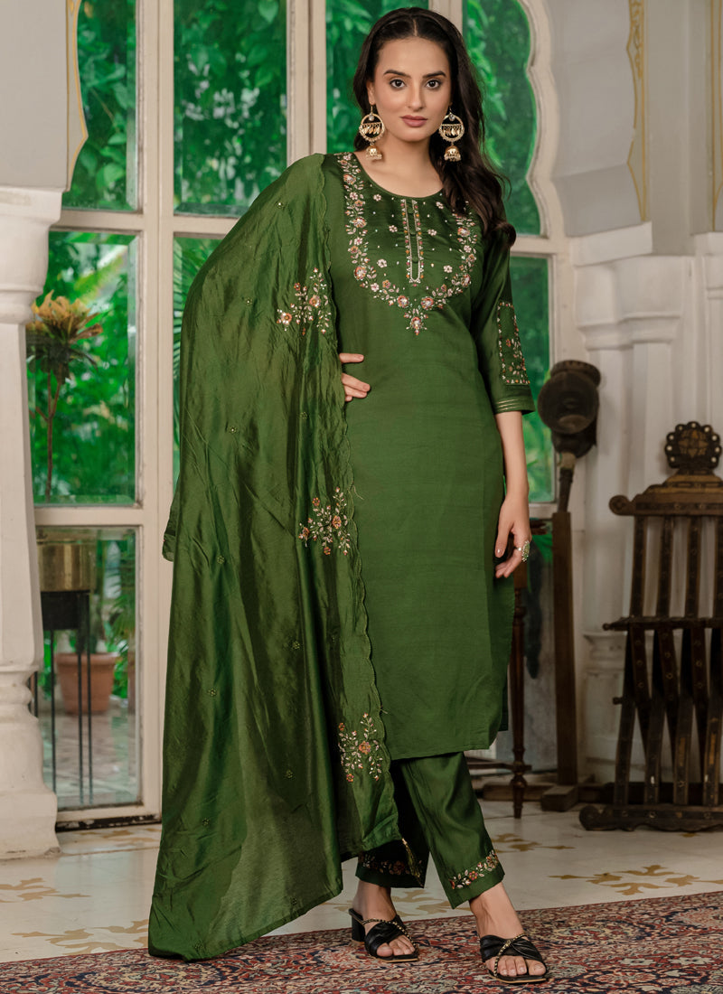 Prazu Fashion Mehendi Marina Silk Thread Embroidered Designer Kurta Set | Grocsy