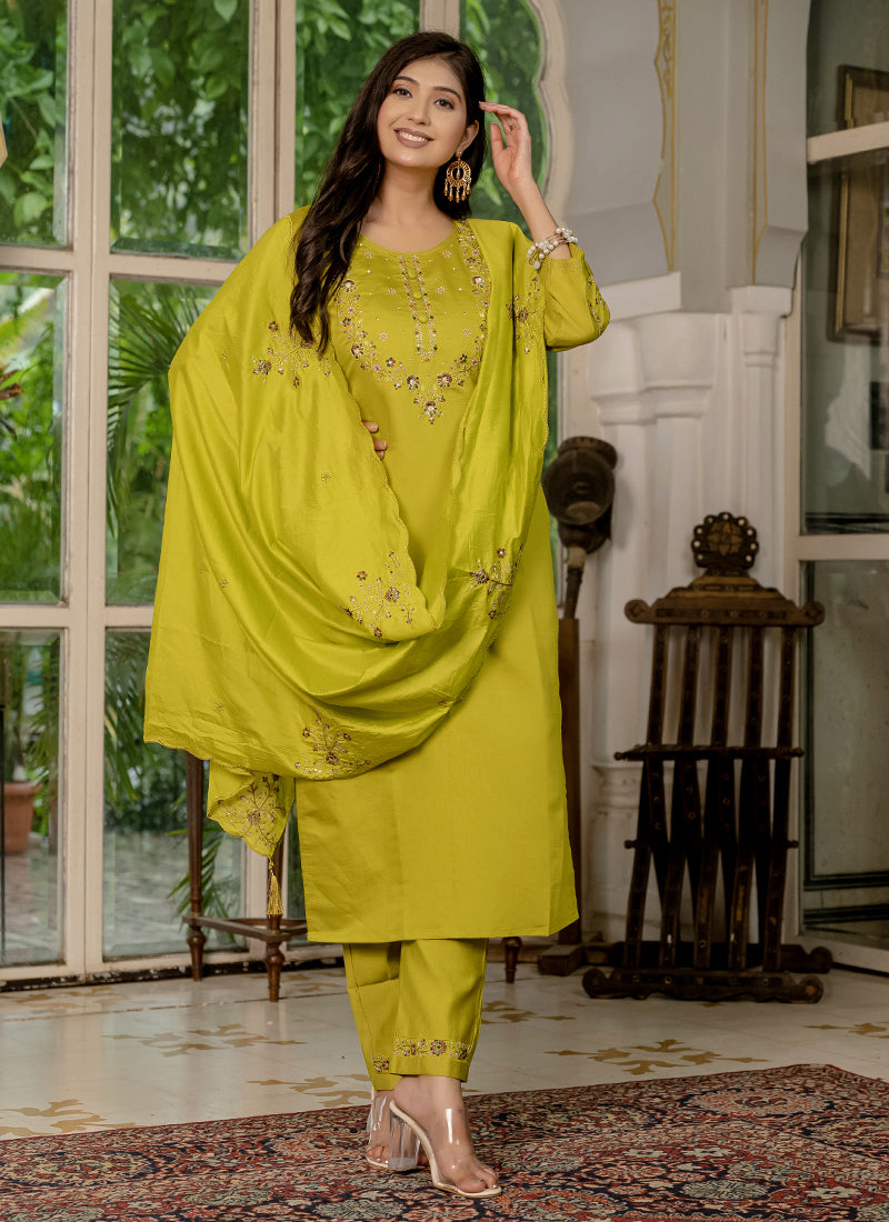 Prazu Fashion Mustard Marina Silk Thread Embroidered Designer Kurta Set | Grocsy