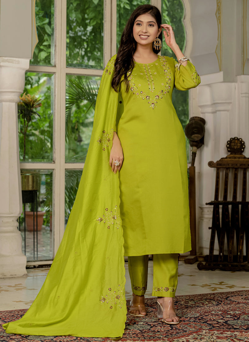 Prazu Fashion Parrot Green Marina Silk Thread Embroidered Designer Kurta Set | Grocsy