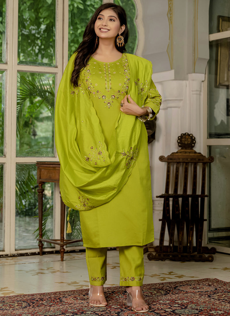 Prazu Fashion Parrot Green Marina Silk Thread Embroidered Designer Kurta Set | Grocsy