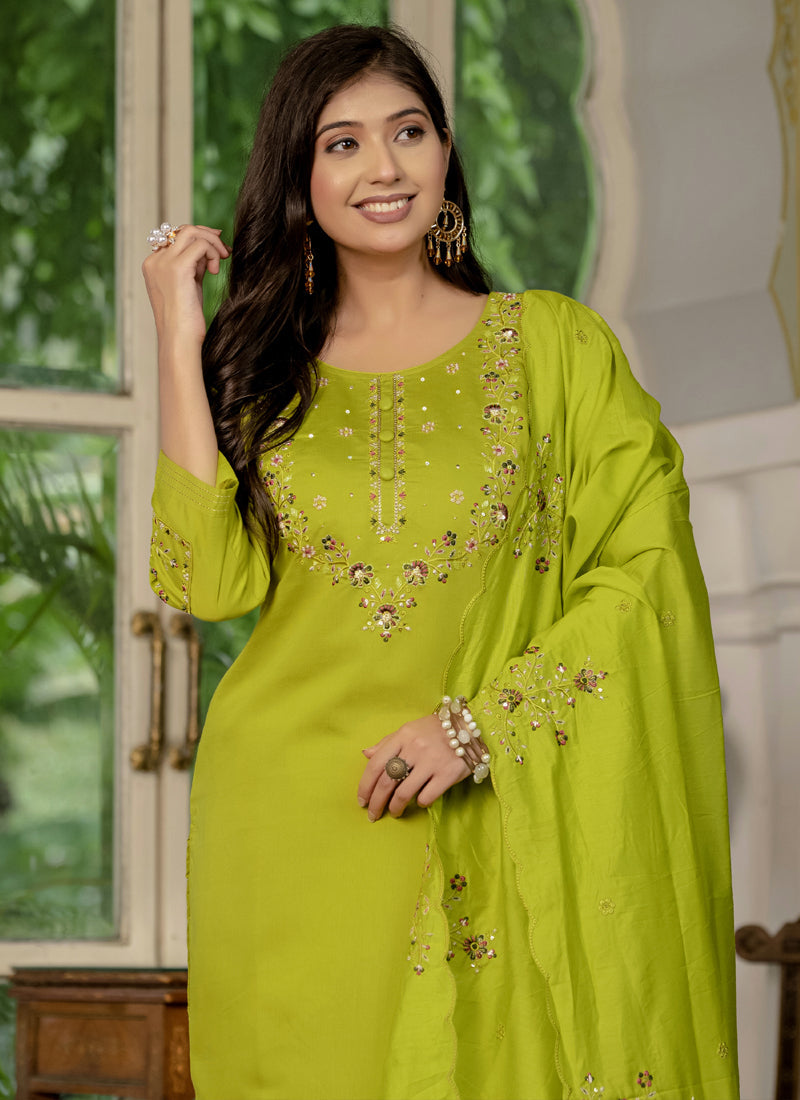 Prazu Fashion Parrot Green Marina Silk Thread Embroidered Designer Kurta Set | Grocsy