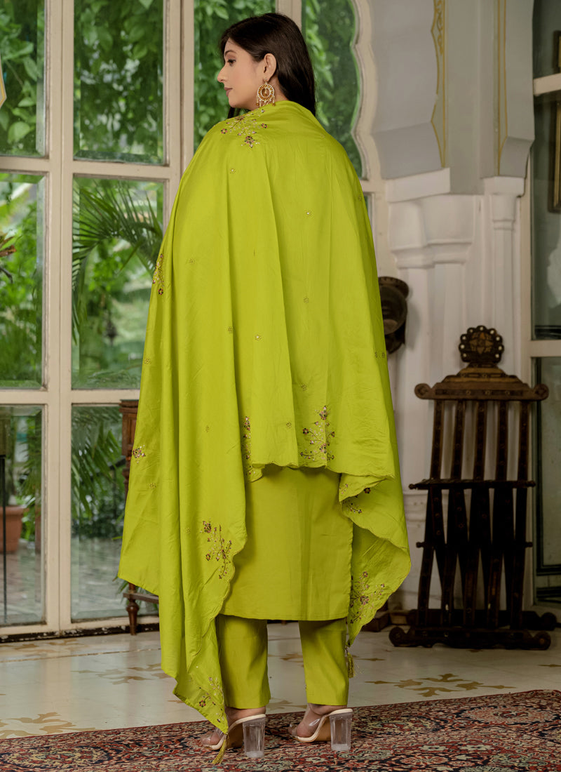 Prazu Fashion Parrot Green Marina Silk Thread Embroidered Designer Kurta Set | Grocsy