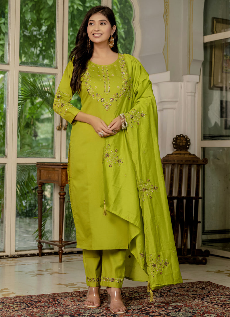 Prazu Fashion Parrot Green Marina Silk Thread Embroidered Designer Kurta Set | Grocsy