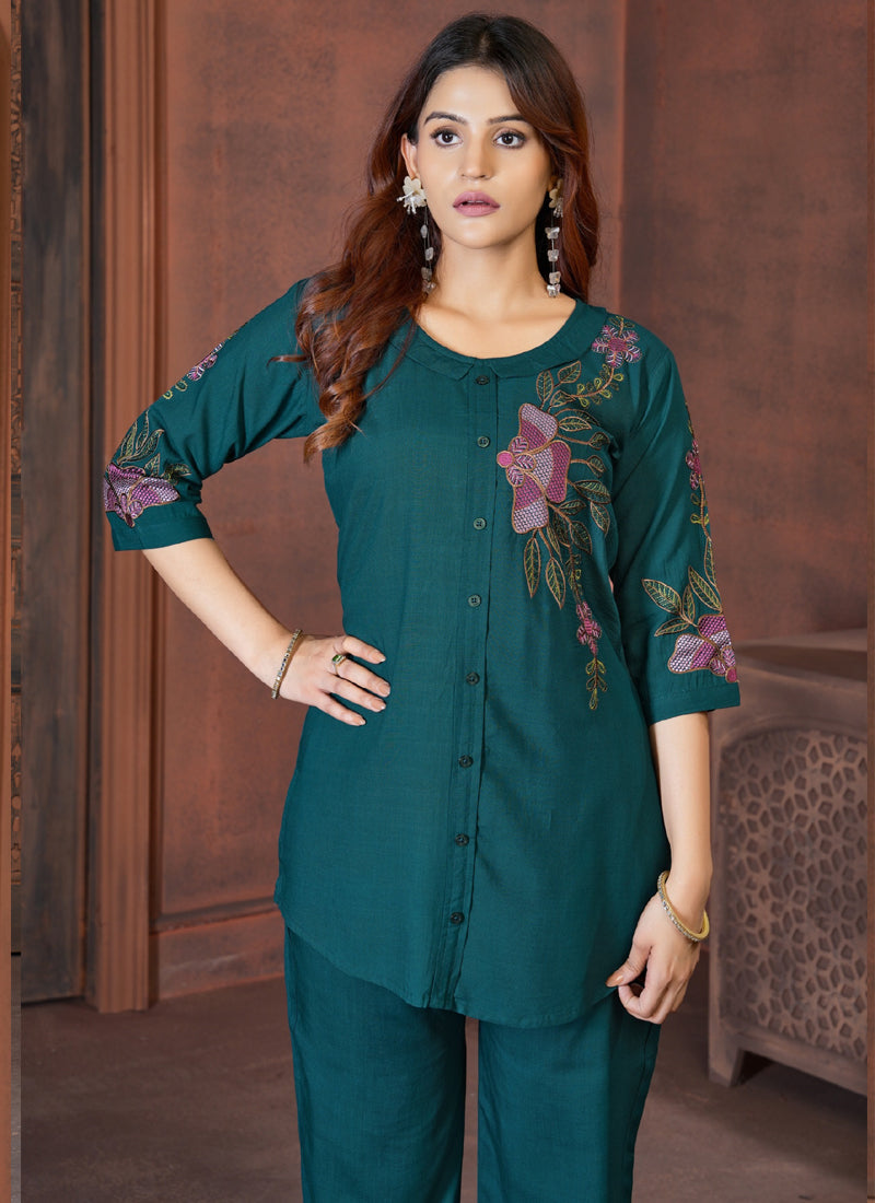 Prazu Fashion Rama Rayon Multi Embroidery Thread Work Co-Ords Set | Grocsy