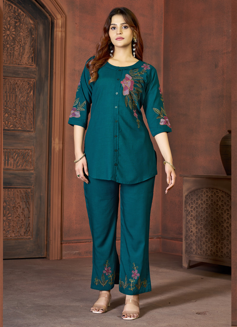 Prazu Fashion Rama Rayon Multi Embroidery Thread Work Co-Ords Set | Grocsy