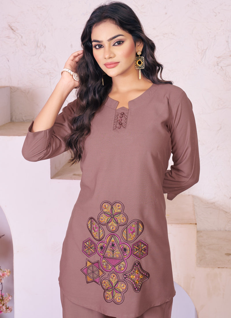 Prazu Fashion Onion Pink Rayon Multi Embroidery Thread Work Co-Ords Set | Grocsy