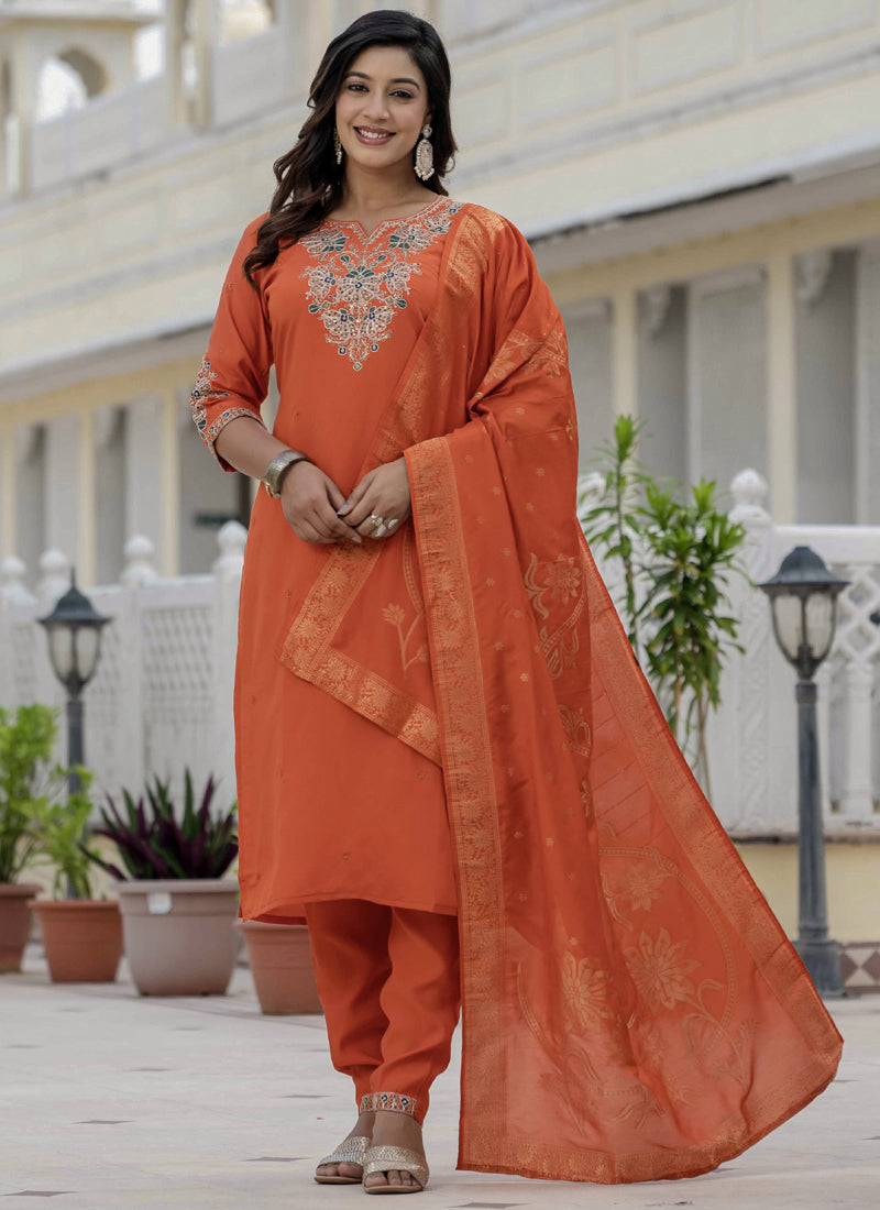Prazu Fashion Orange Roman Silk Embroidered Sequence Designer Kurta Set | Grocsy