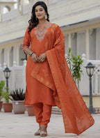 Prazu Fashion Orange Roman Silk Embroidered Sequence Designer Kurta Set | Grocsy