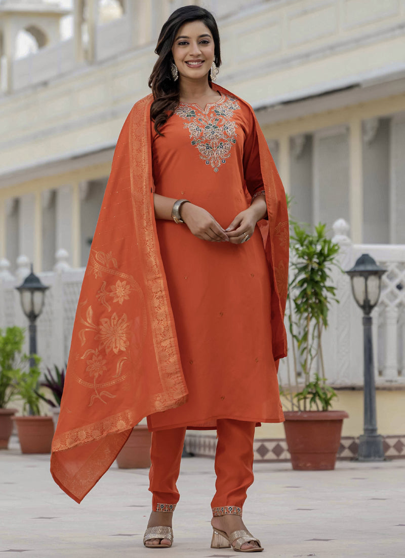 Prazu Fashion Orange Roman Silk Embroidered Sequence Designer Kurta Set | Grocsy