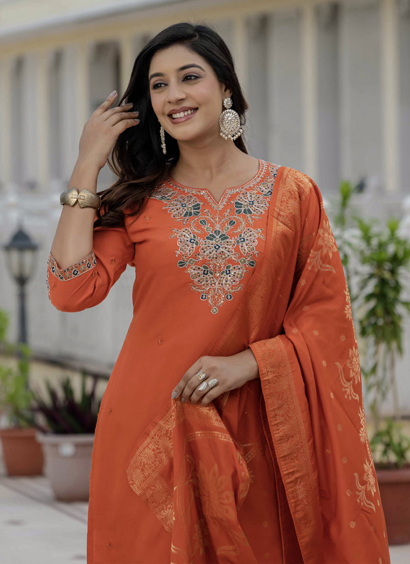 Prazu Fashion Orange Roman Silk Embroidered Sequence Designer Kurta Set | Grocsy