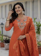 Prazu Fashion Orange Roman Silk Embroidered Sequence Designer Kurta Set | Grocsy