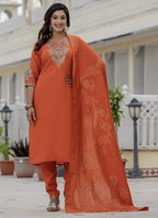 Prazu Fashion Orange Roman Silk Embroidered Sequence Designer Kurta Set | Grocsy