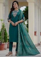 Prazu Fashion Rama Green Roman Silk Embroidered Sequence Designer Kurta Set | Grocsy