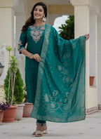 Prazu Fashion Rama Green Roman Silk Embroidered Sequence Designer Kurta Set | Grocsy