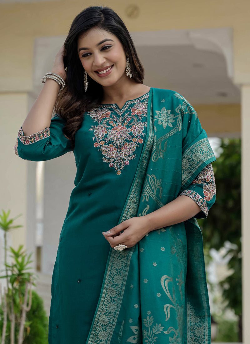 Prazu Fashion Rama Green Roman Silk Embroidered Sequence Designer Kurta Set | Grocsy