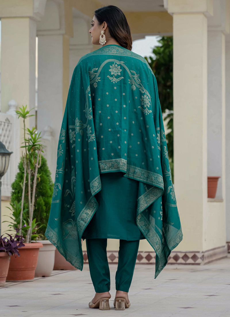 Prazu Fashion Rama Green Roman Silk Embroidered Sequence Designer Kurta Set | Grocsy