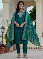 Prazu Fashion Rama Green Roman Silk Embroidered Sequence Designer Kurta Set | Grocsy