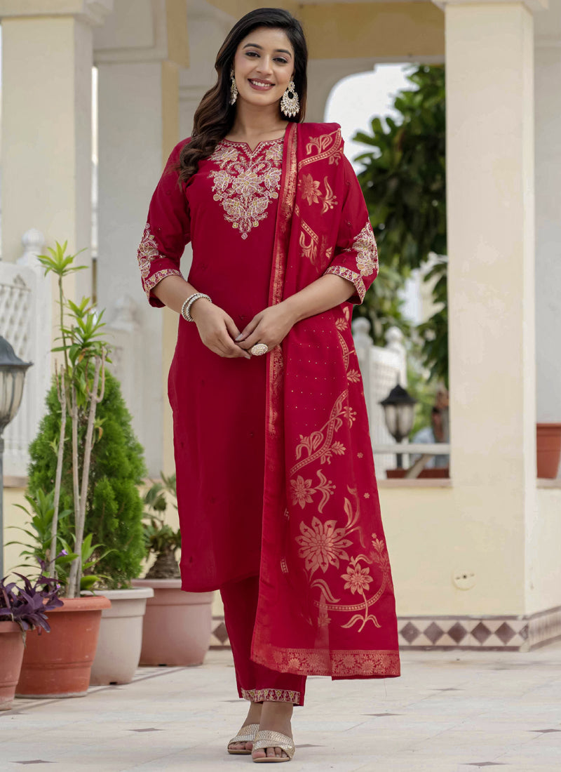 Prazu Fashion Red Roman Silk Embroidered Sequence Designer Kurta Set | Grocsy
