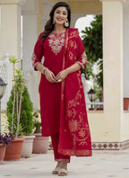 Prazu Fashion Red Roman Silk Embroidered Sequence Designer Kurta Set | Grocsy