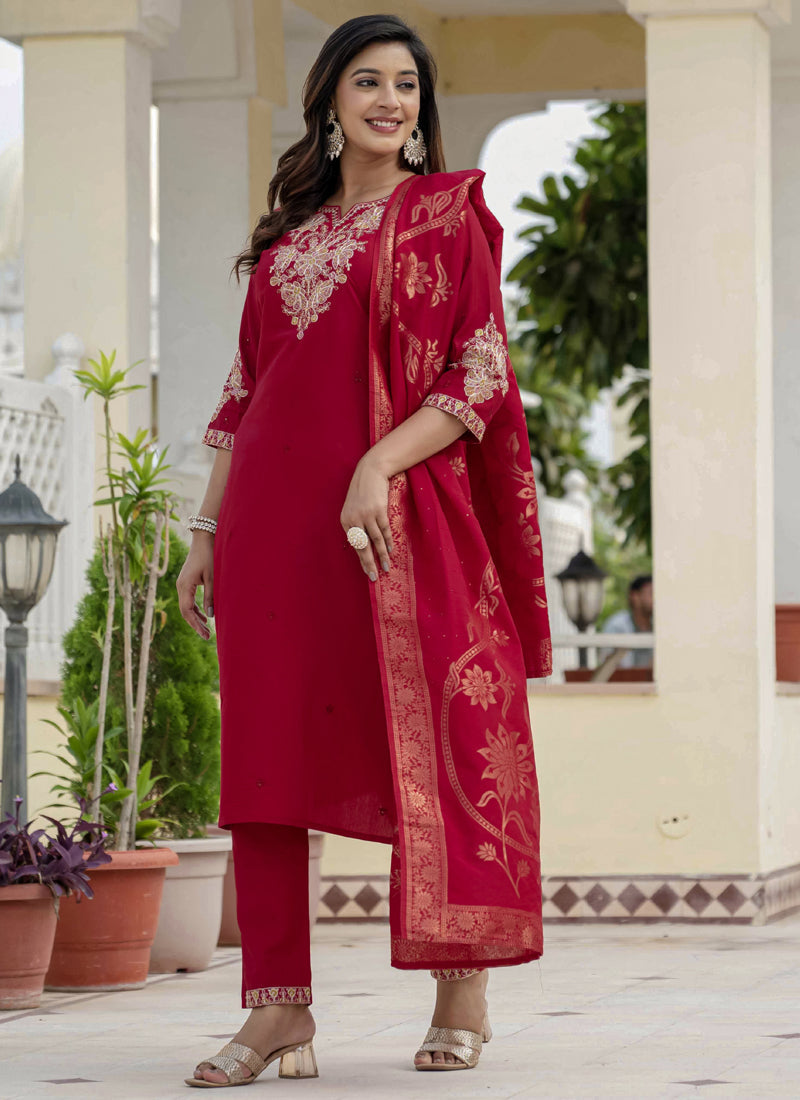 Prazu Fashion Red Roman Silk Embroidered Sequence Designer Kurta Set | Grocsy