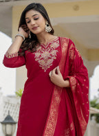 Prazu Fashion Red Roman Silk Embroidered Sequence Designer Kurta Set | Grocsy