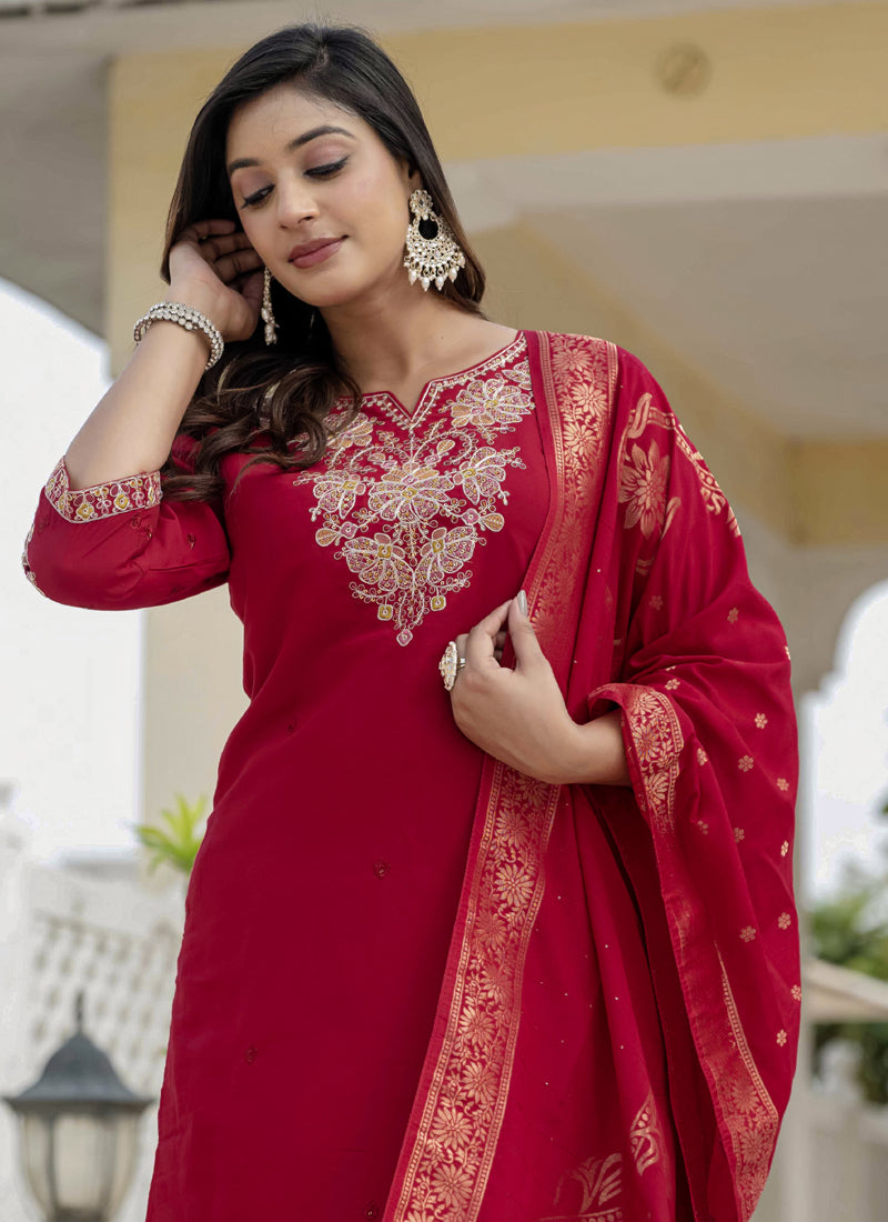 Prazu Fashion Red Roman Silk Embroidered Sequence Designer Kurta Set | Grocsy