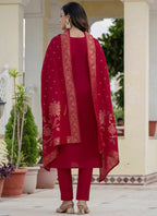 Prazu Fashion Red Roman Silk Embroidered Sequence Designer Kurta Set | Grocsy